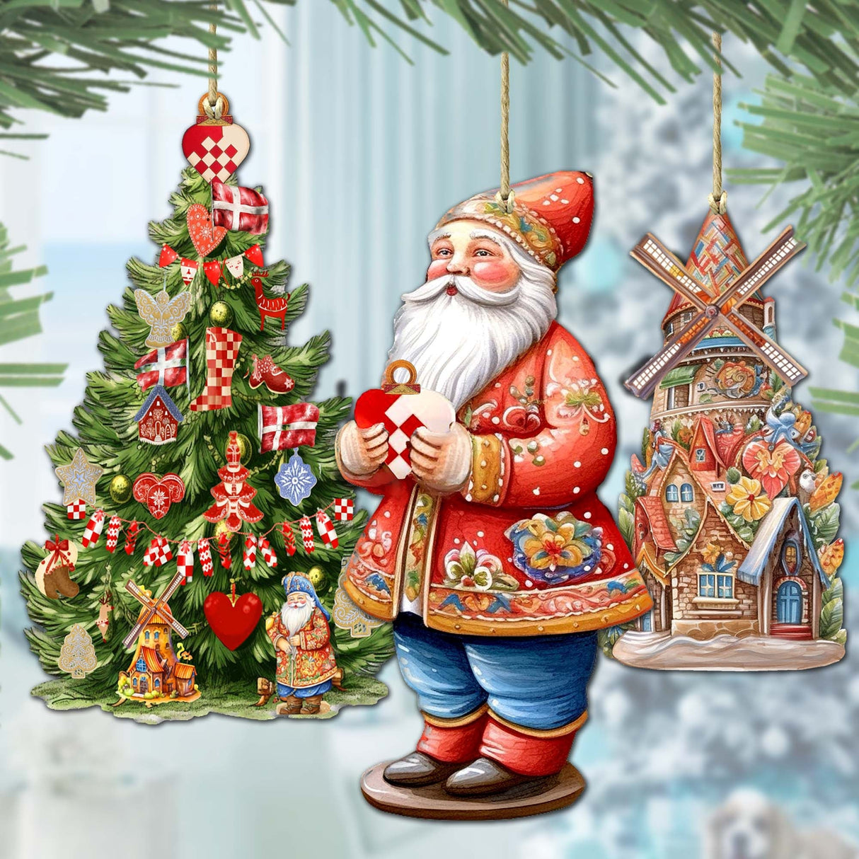 Santas Around the World - Danish Inspired Santa - Wooden Ornaments Set of 3 by G. DeBrekht Christmas Santa Snowman Decor - 8091302S3