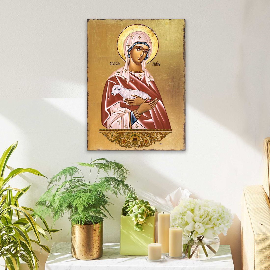 Icono religioso cristiano sagrado de Santa Agnia, de madera bañada en oro - Decoración inspiradora - 85025