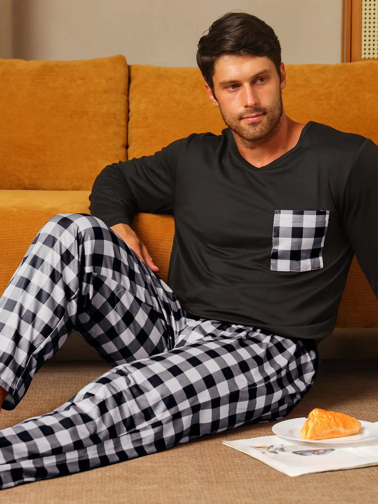 Polyester Long Sleeve Trousers Men's Pajama Set - Lootquake