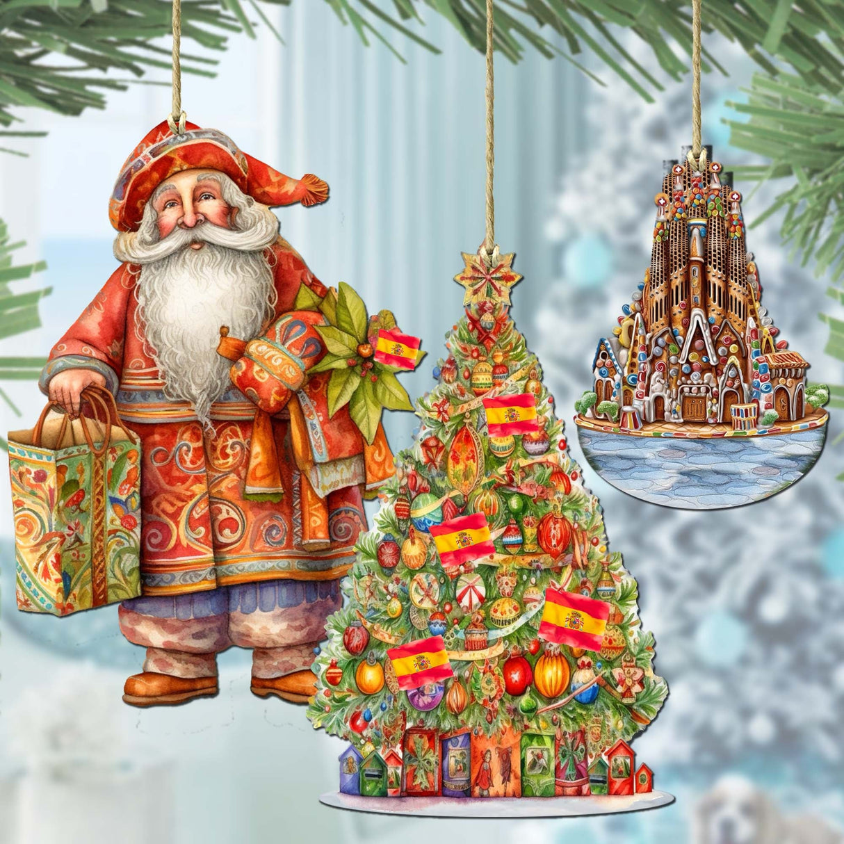 Papá Noel de todo el mundo - Papá Noel de inspiración española - Juego de 3 adornos de madera de G. DeBrekht - Decoración navideña de Papá Noel y muñeco de nieve - 8091305S3