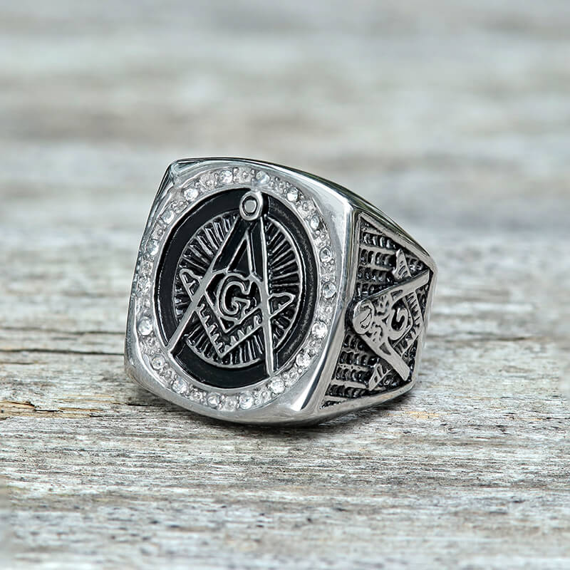 Diamond Masonic Symbol Stainless Steel Ring