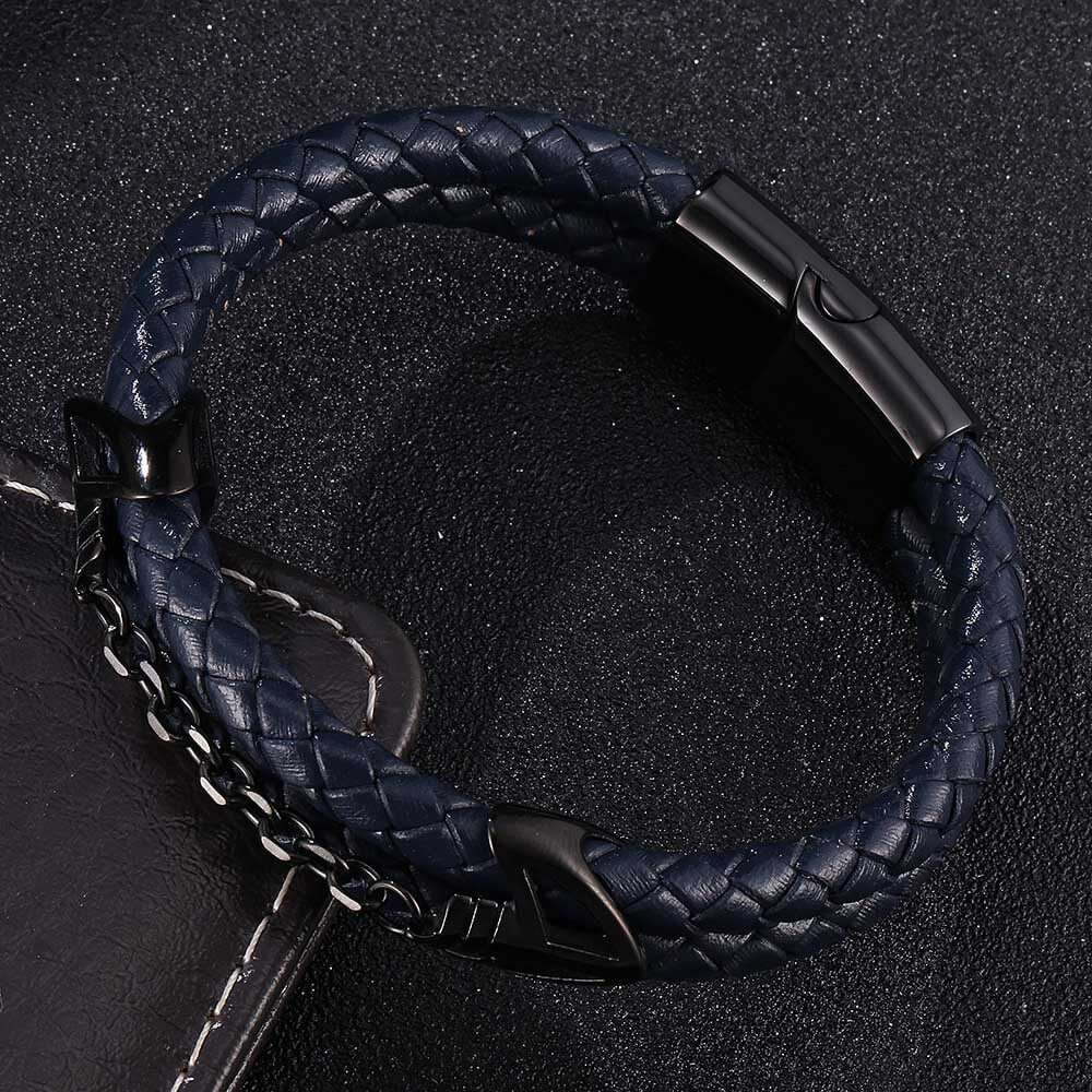 Double-Layer Braided Stainless Steel Leather Bracelet