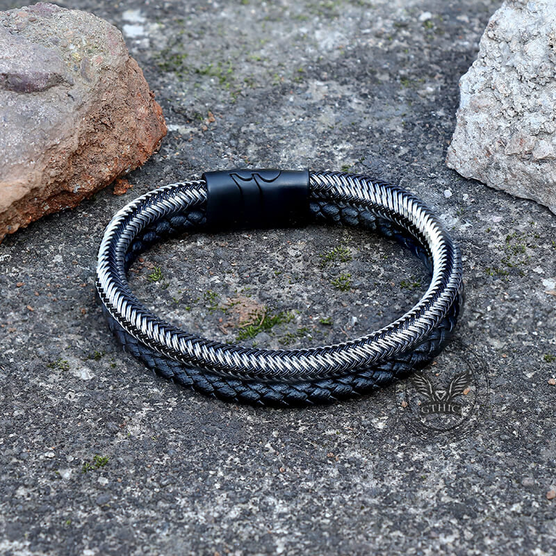 Double Braided Leather Stainless Steel Bracelet
