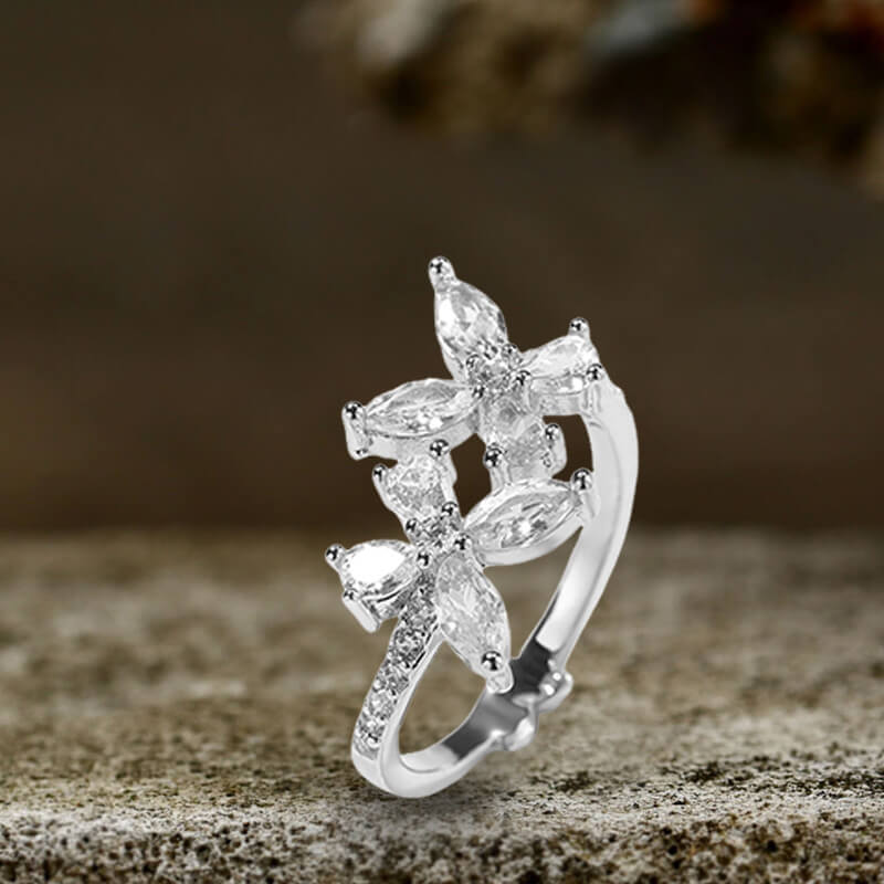 Double Butterfly Zircon Brass Open Ring