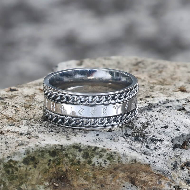Double Chain Runes Stainless Steel Viking Ring