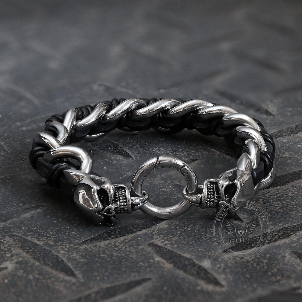 Double Head Skull Buckle Stainless Steel Braided Bracelet