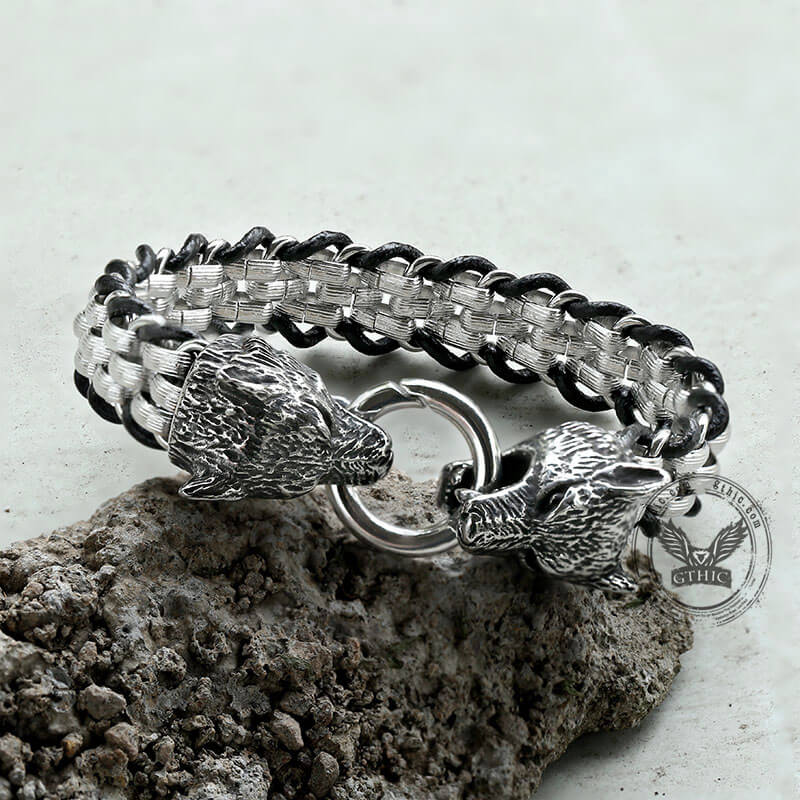 Double Wolf Head Buckle Stainless Steel Braided Bracelet