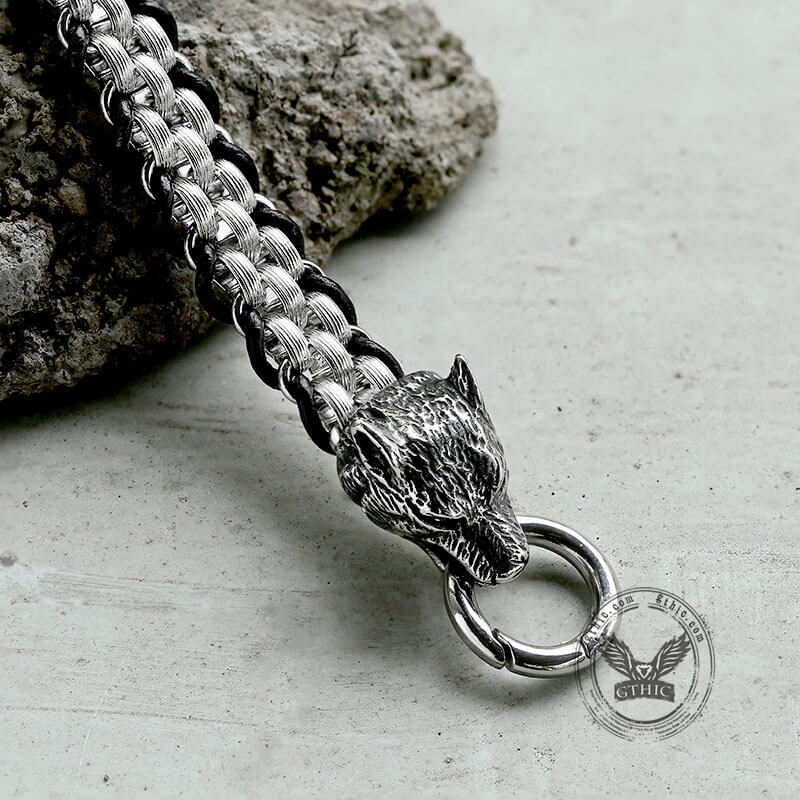 Double Wolf Head Buckle Stainless Steel Braided Bracelet