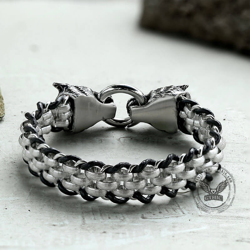 Double Wolf Head Buckle Stainless Steel Braided Bracelet