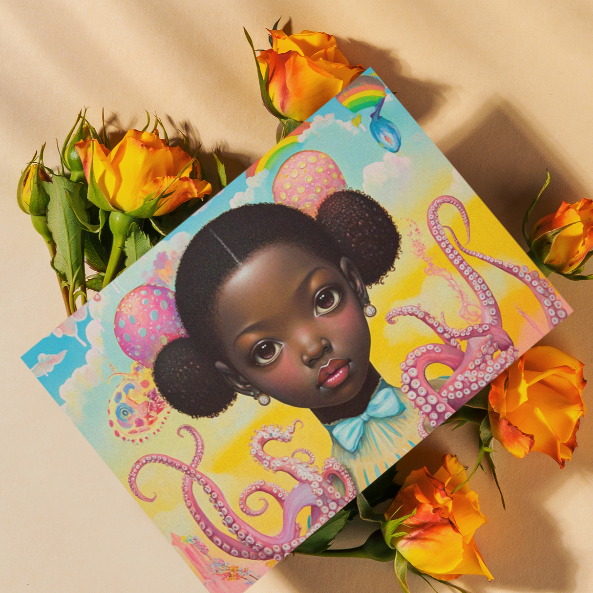 Afrofuturistic & Surreal Pastel Tentacle Postcard