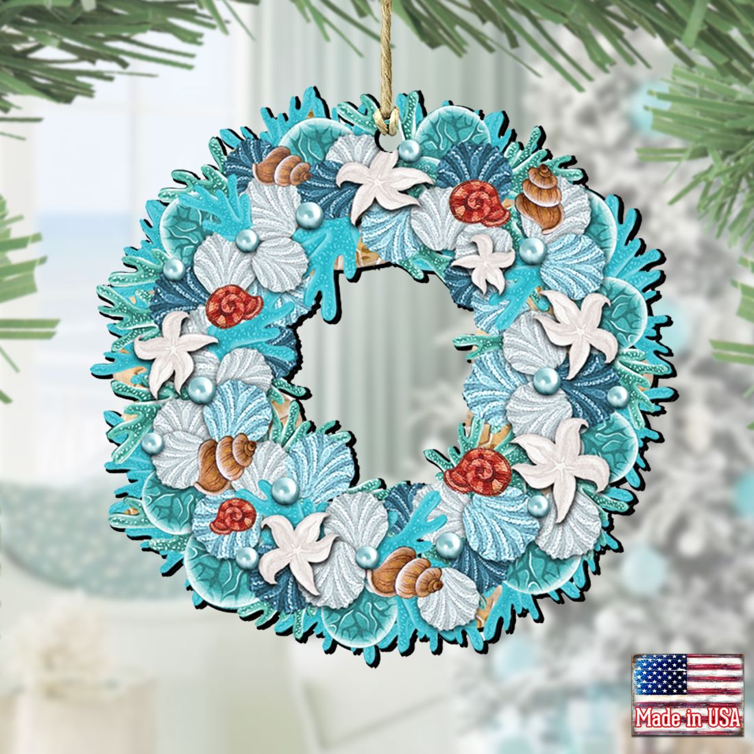 Coastal Wreath Wooden Ornaments by G. DeBrekht - Coastal Holiday Decor - 8185306