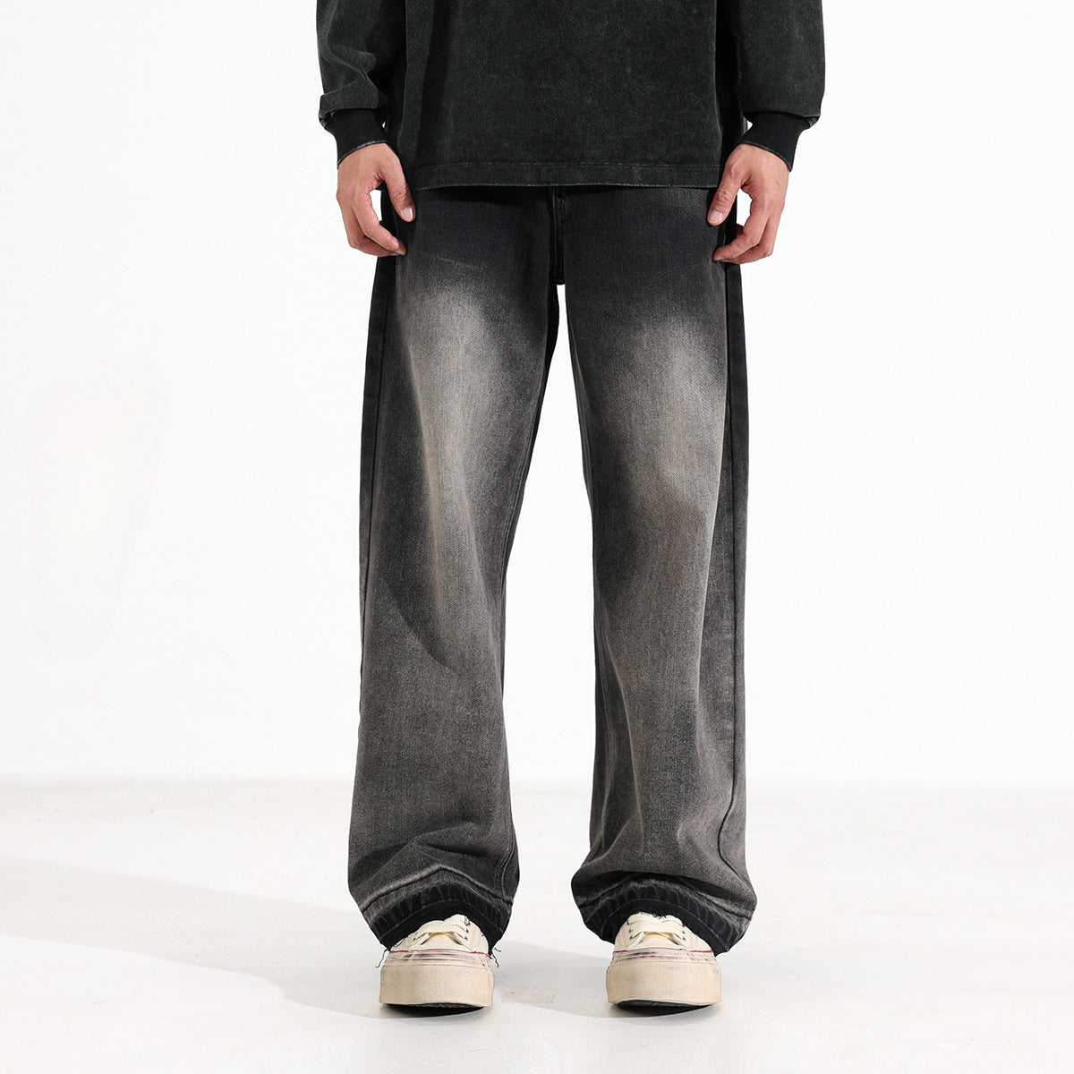 American-style Heavy Washed Black And Gray Straight Jeans Men's Loose Wide Leg Casual Trousers - Lootquake