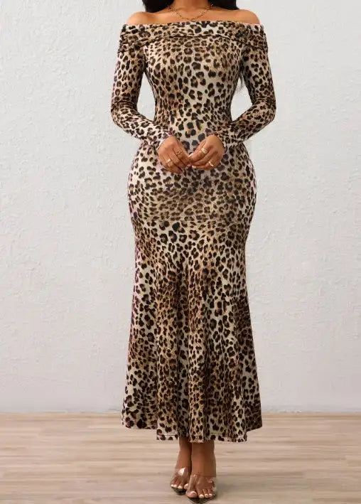 Ladies' Leopard Print One Neck Off Shoulder Slim Fit Bag With Wide Hips, Relaxed Flower Petal Skirt Hem, Date Party Party Dress - Lootquake