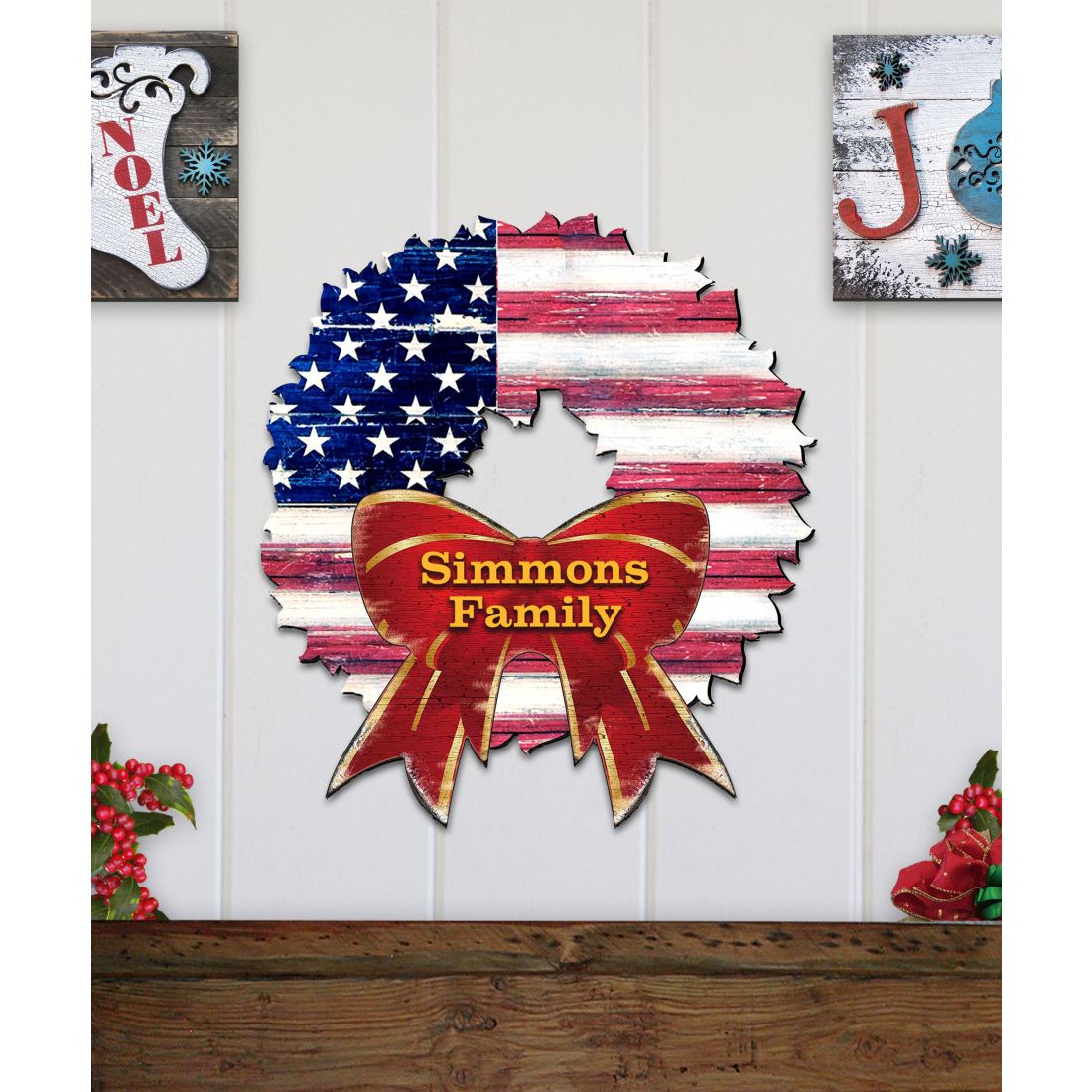 USA Flag Wreath Family Name Personalazed Holiday Door Decor by G. DeBrekht - American Christmas Decor - 8185302HP