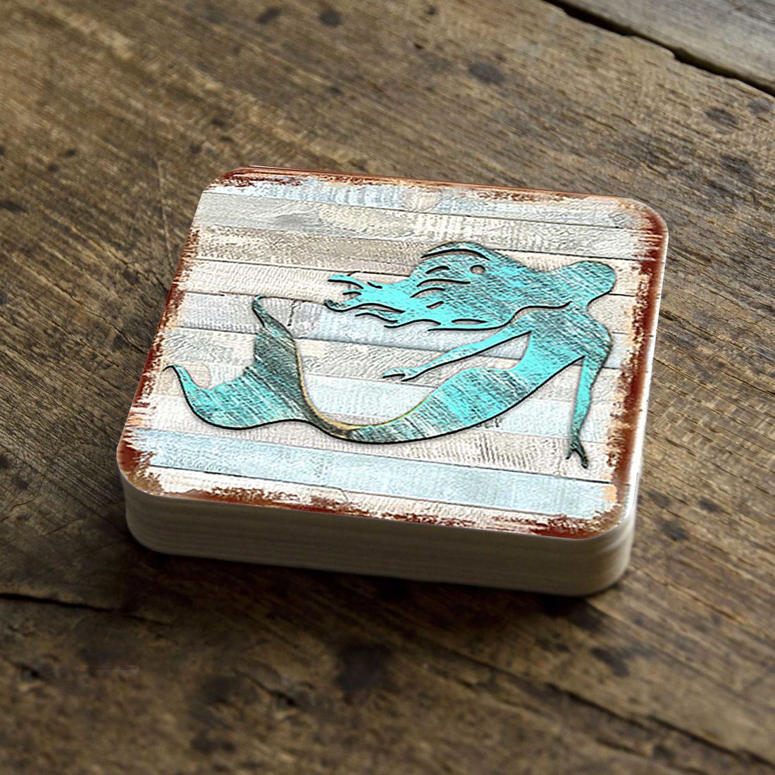 Mermaid Coastal Wooden Cork Coasters Gift Set of 4 by Nature Wonders - Coastal Sea-Life Decor - 8198514-9C-S4