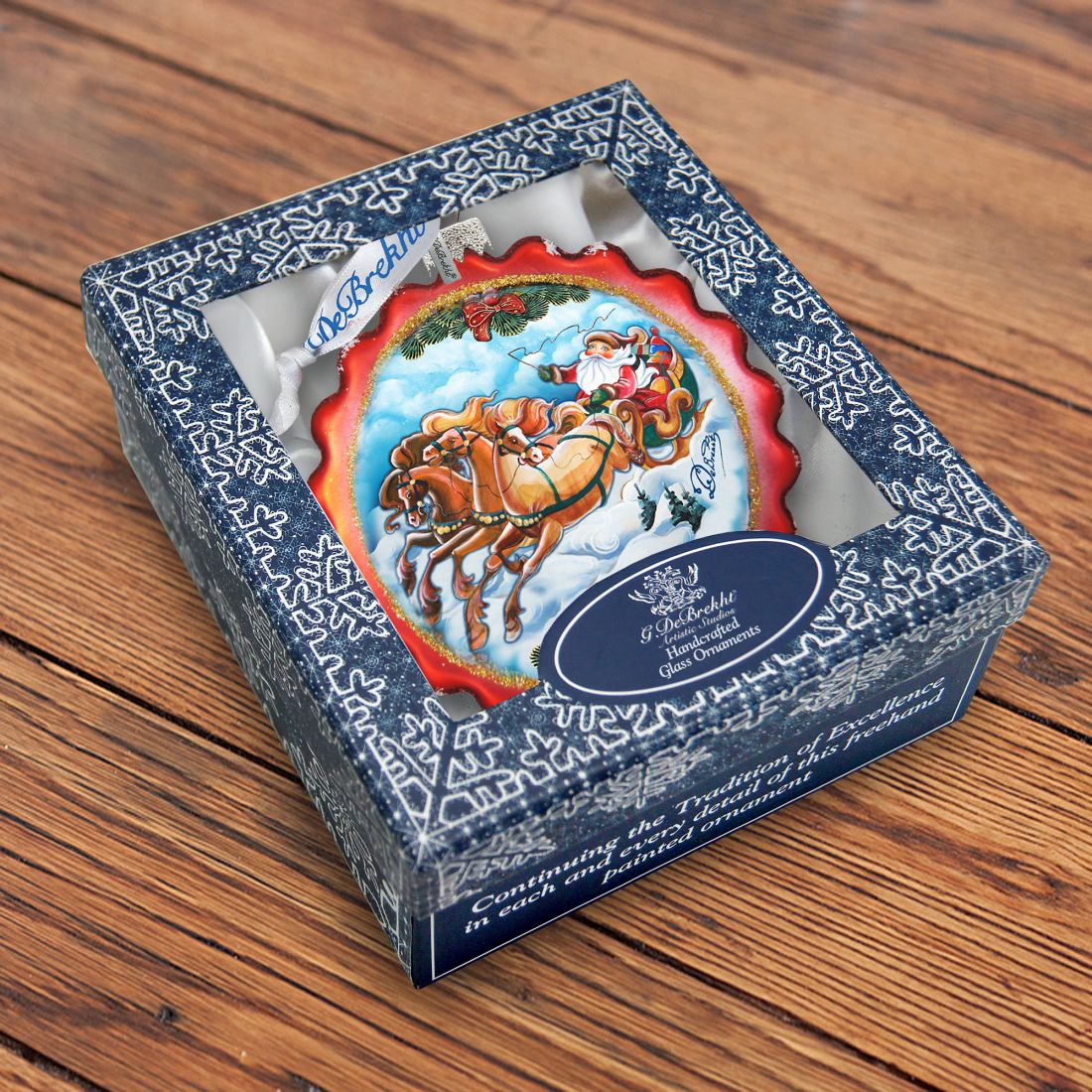 Sleigh Ride Flower Glass Ornament by G. DeBrekht - Christmas Santa Snowman Decor - 759-003