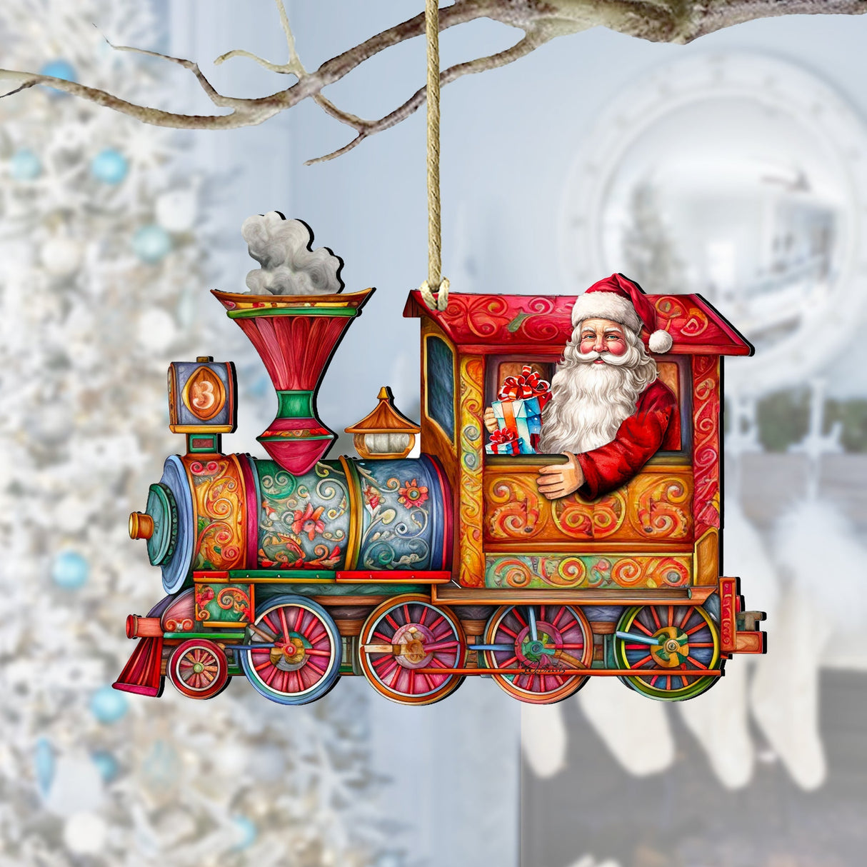 Santa's Train Wooden Ornaments by G. Debrekht Christmas Santa Snowman Decor - 8611090