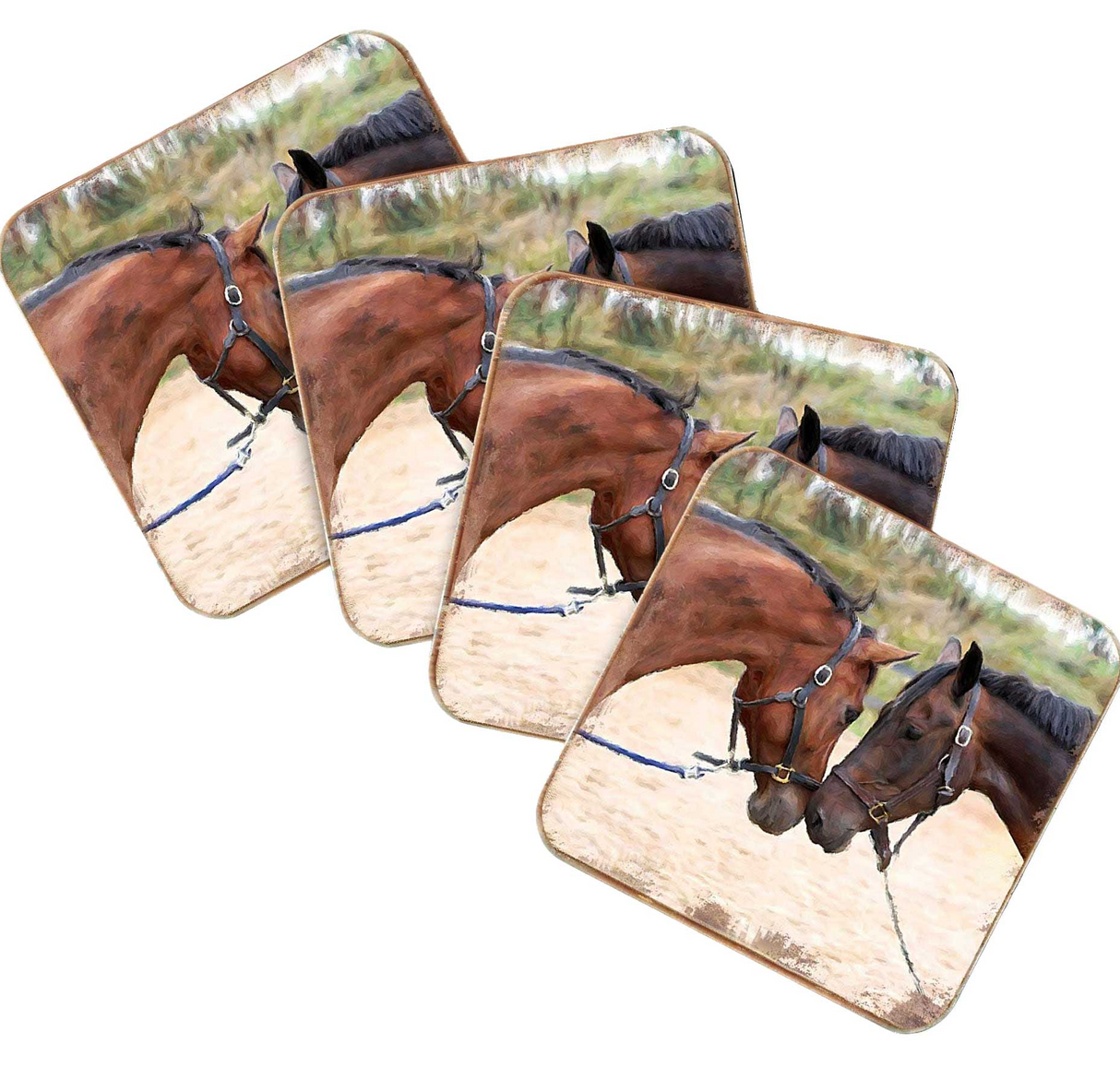 Horses Wooden Cork Coasters Gift Set of 4 by Nature Wonders - Nature Wildlife Decor - 95370C-S4