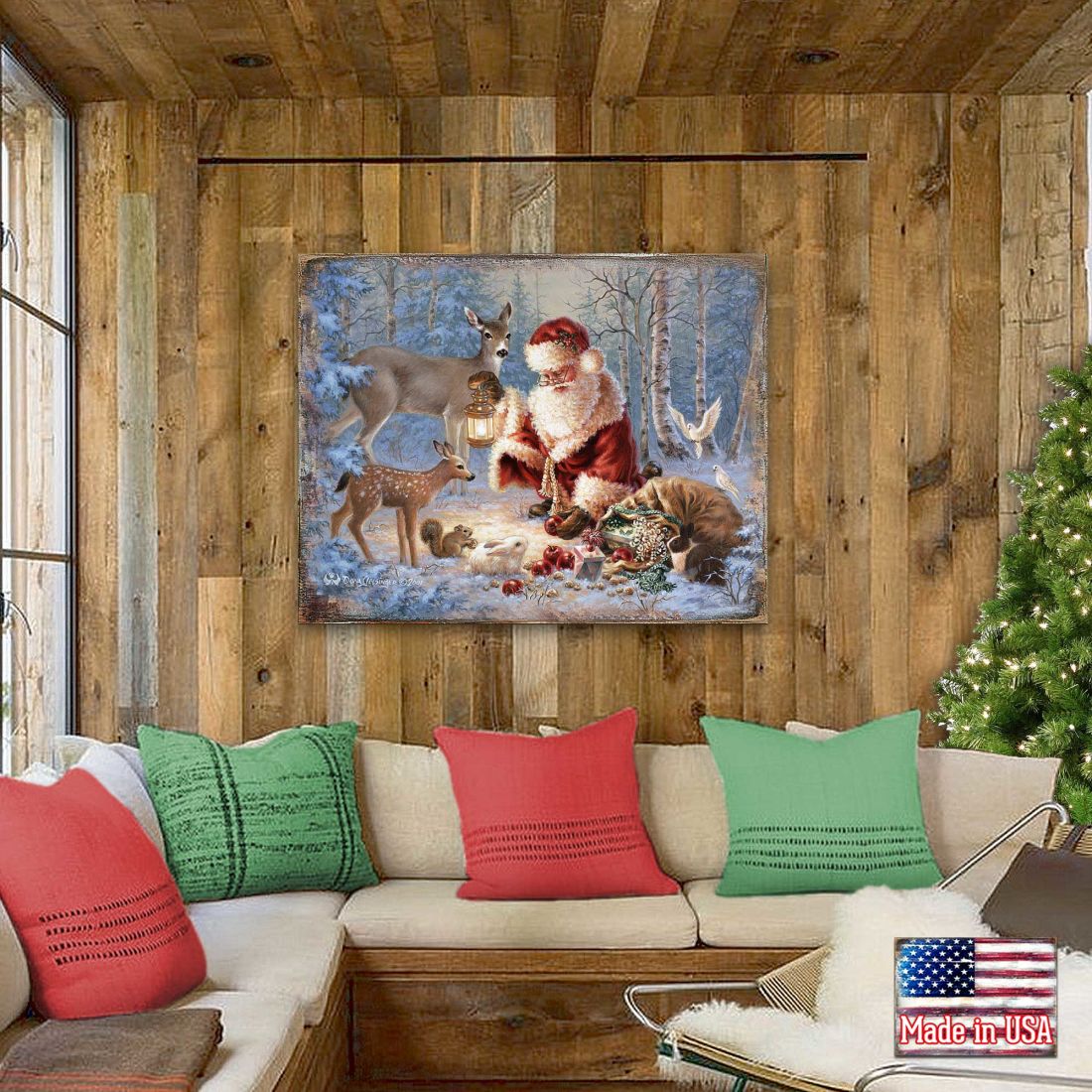 Arte mural de madera "Abundancia de alegría" de D Gelsinger - Decoración navideña de Papá Noel y muñeco de nieve - 95601B-0104