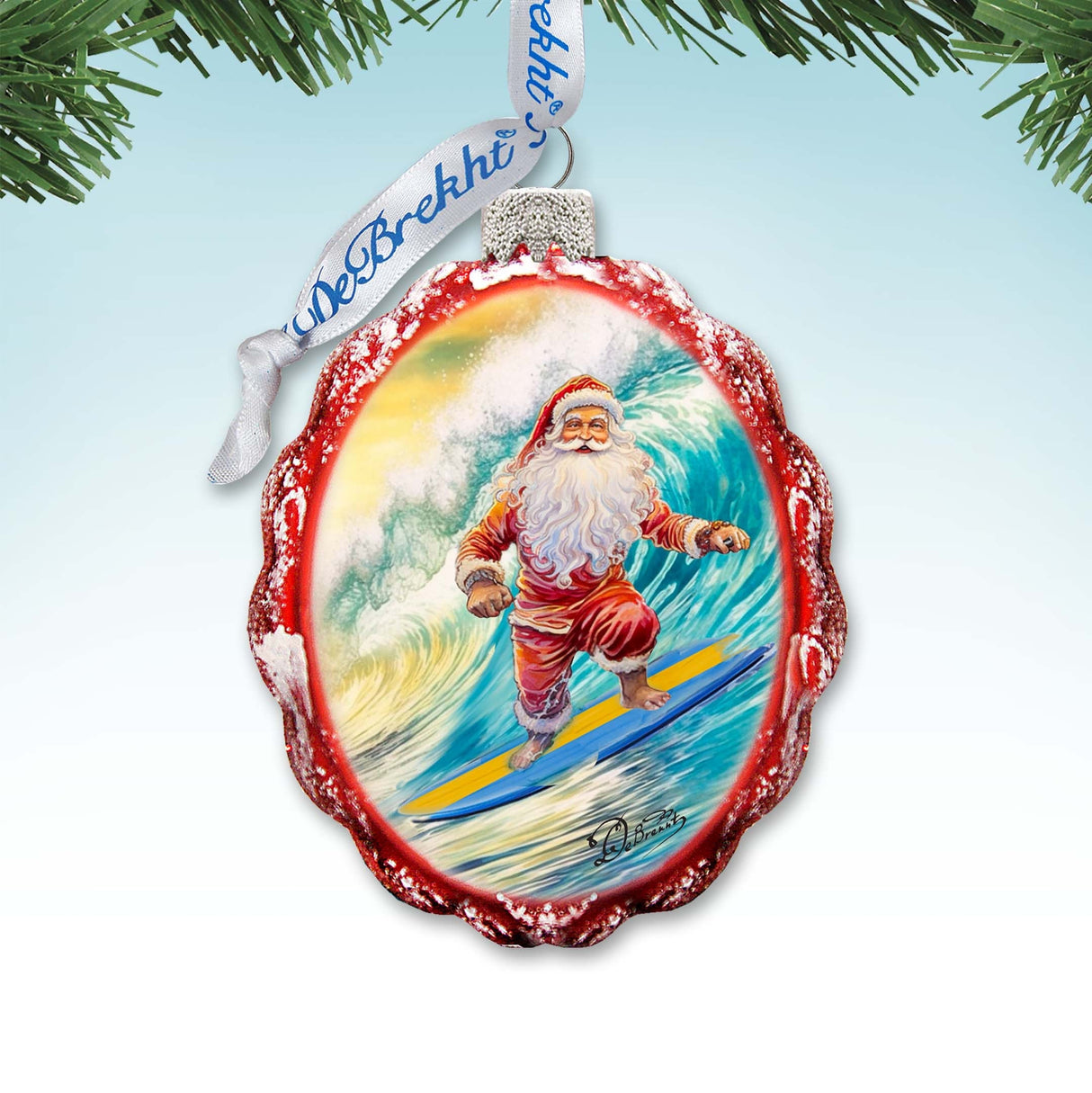 Coastal Christmas Ornaments Santa on the Surfboard Keepsake Glass Ornaments by G. Debrekht - Coastal Holiday Decor - 777392