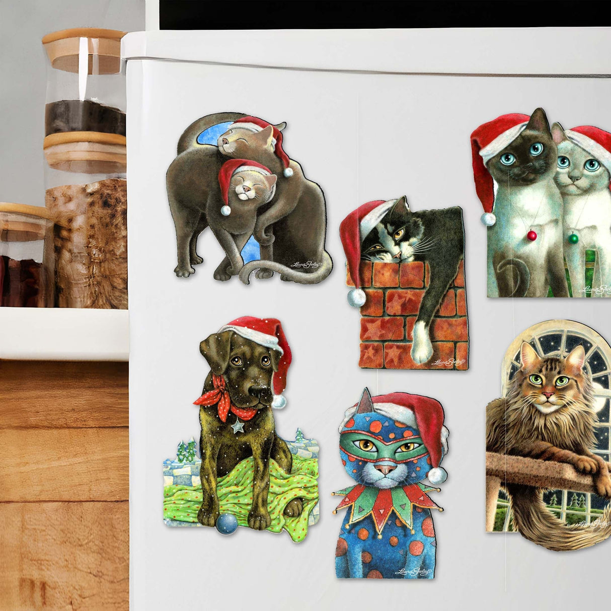 Dog and Cats Decorative Wooden Magnets Set of 6 by L. Seeley - Pets Dog and Cat Decor - 8090139G-S6