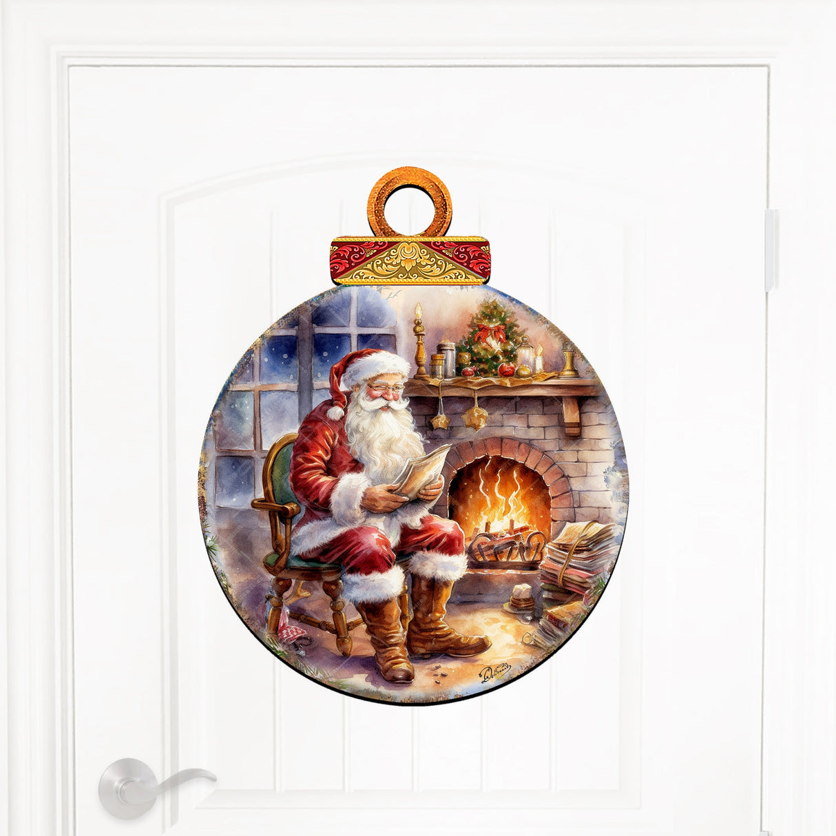 Corona de Papá Noel junto a la chimenea, decoración navideña para puerta de G. Debrekht - Decoración navideña de Papá Noel y muñeco de nieve - 8611089-2H