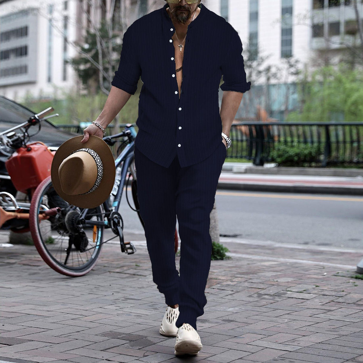 Men's Striped Hengli Collar Shirt Trousers - Lootquake