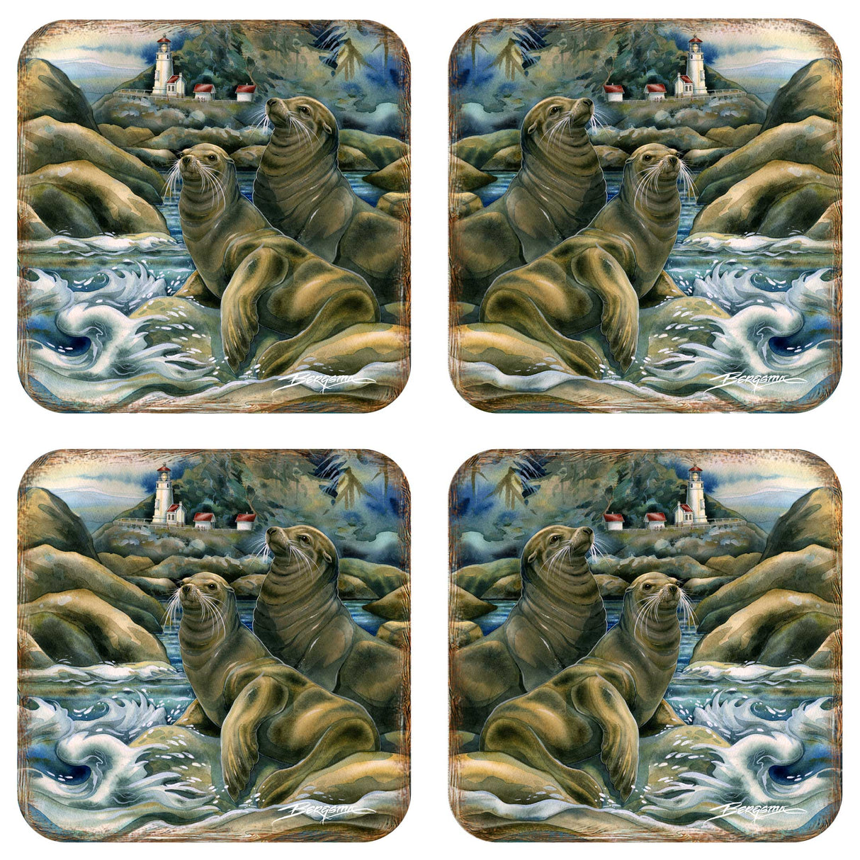 Juego de 4 posavasos de corcho de madera "Leones del Mar" de J. Bergsma - Decoración de fauna costera - 8199466C-S4