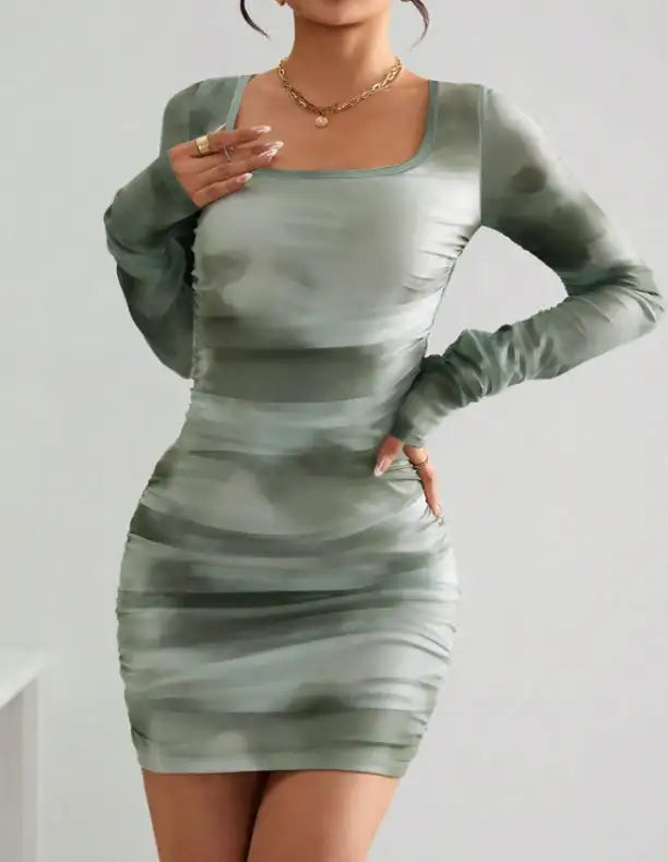 Ladies' Square Neck Printed Fashionable Slim Fit Dress With A Wrapped Buttocks - Lootquake