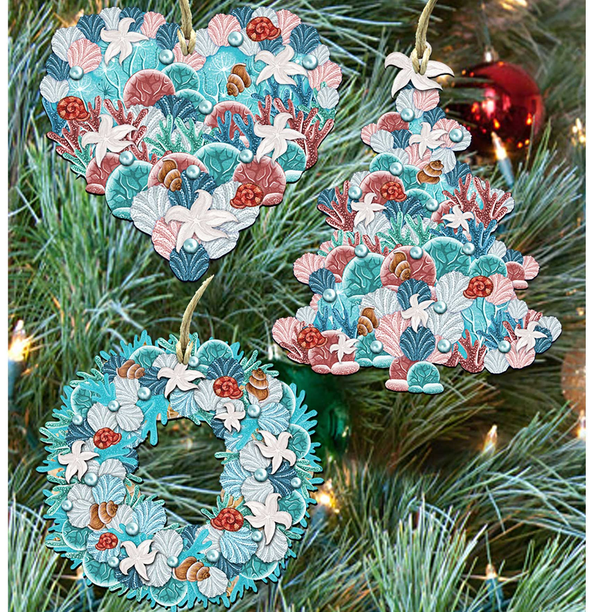 Coastal Wreath Wooden Ornaments Set of 3 by G. DeBrekht - Coastal Holiday Decor - 8100033S3