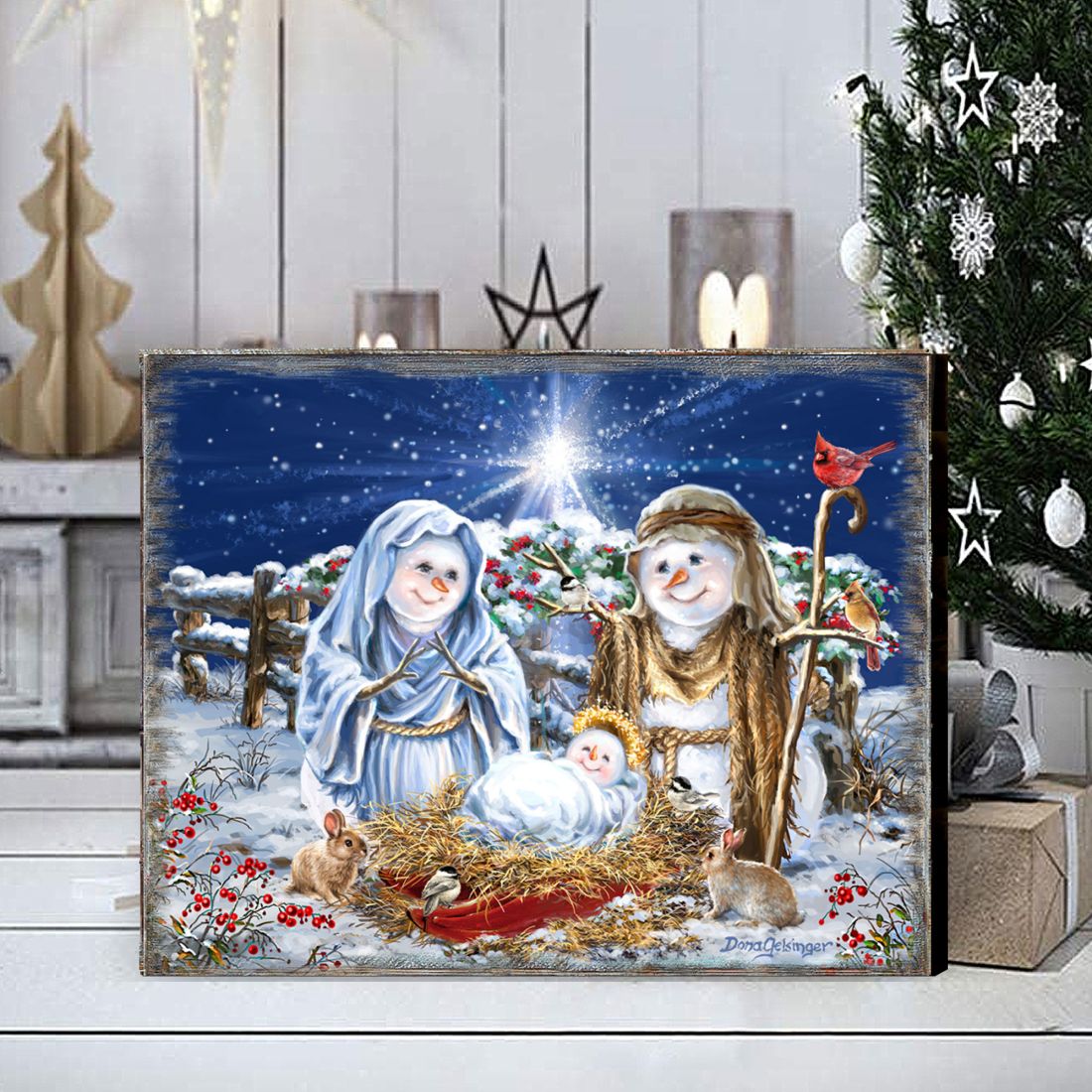 Arte de pared de madera para la Natividad de la Familia de Nieve de D. Gelsinger - Decoración navideña de Papá Noel y muñeco de nieve - 95675B-DG