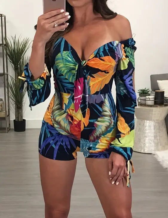 Ladies' Long Sleeved Vacation Elegant And Fashionable Plant Printed Cuffs With Drawstring Design, Chest Strap, Jumpsuit - Lootquake