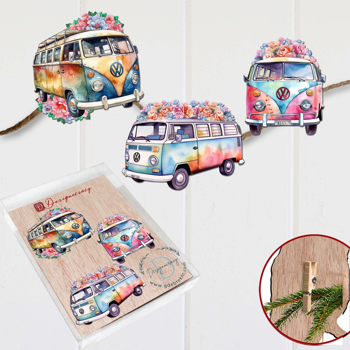 Surf Vans Decorative Wooden Clip-on Ornaments Set of 3 by G. Debrekht - Christmas Decor - 8091040C-S3