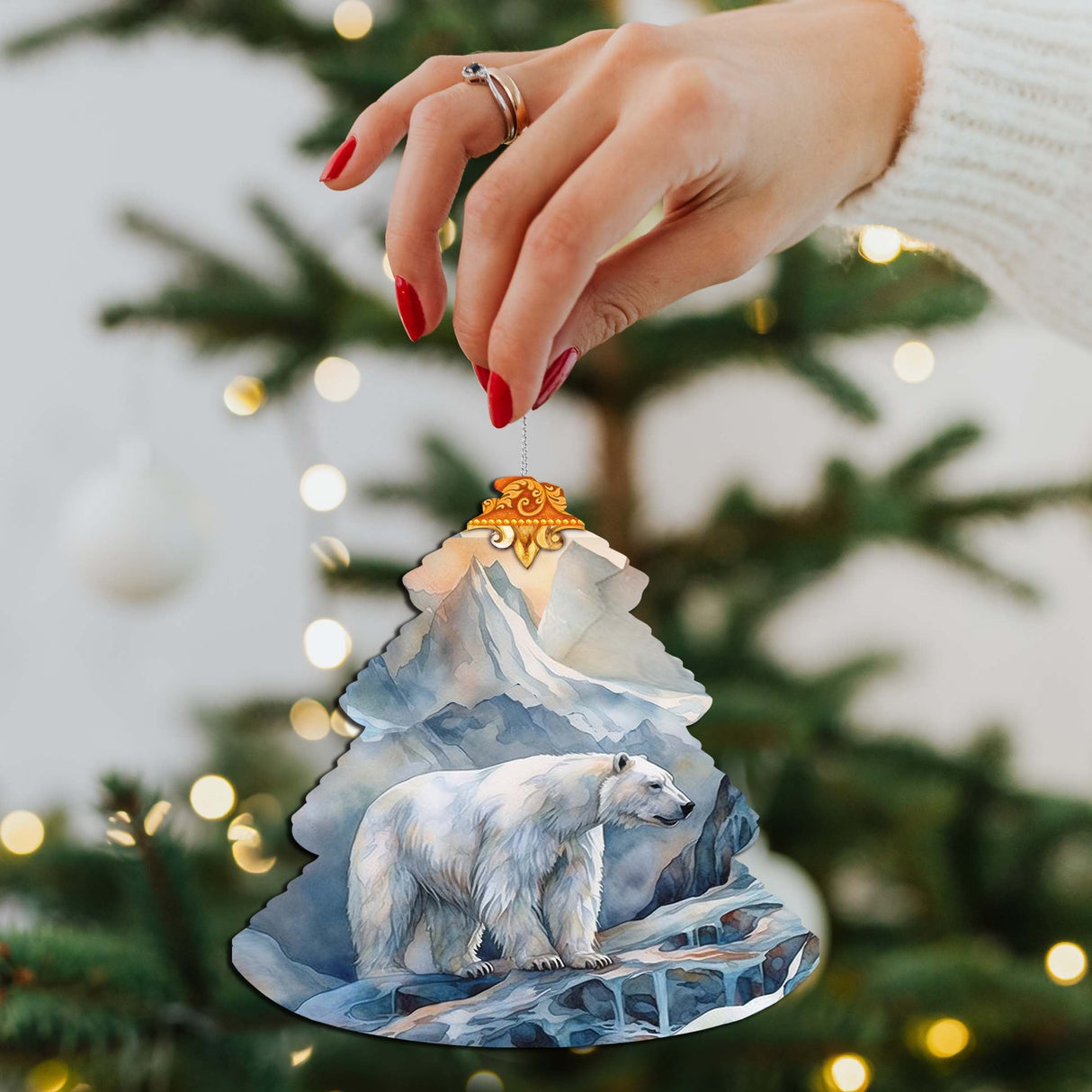 Adornos de madera para árbol de oso polar con cresta de escarcha de G.Debrekht - Decoración navideña con animales salvajes - 870002