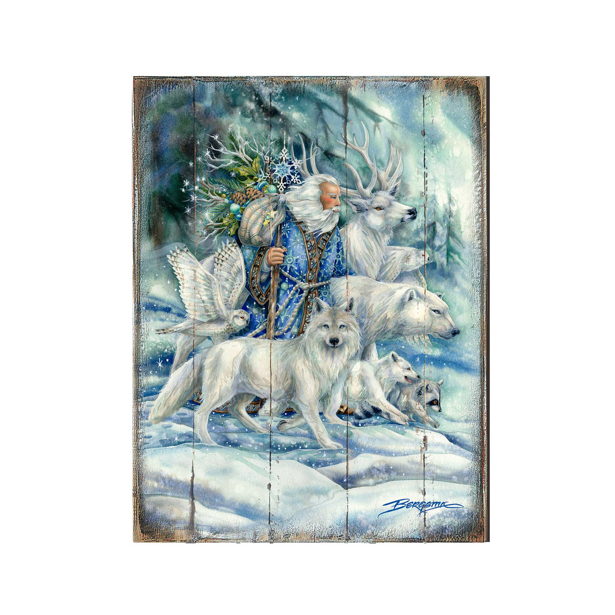 Cool Winds Father Winter Animals Wooden Wall Art by J. Bergsma - Nature Wildlife Décor - 8592862BP-JB