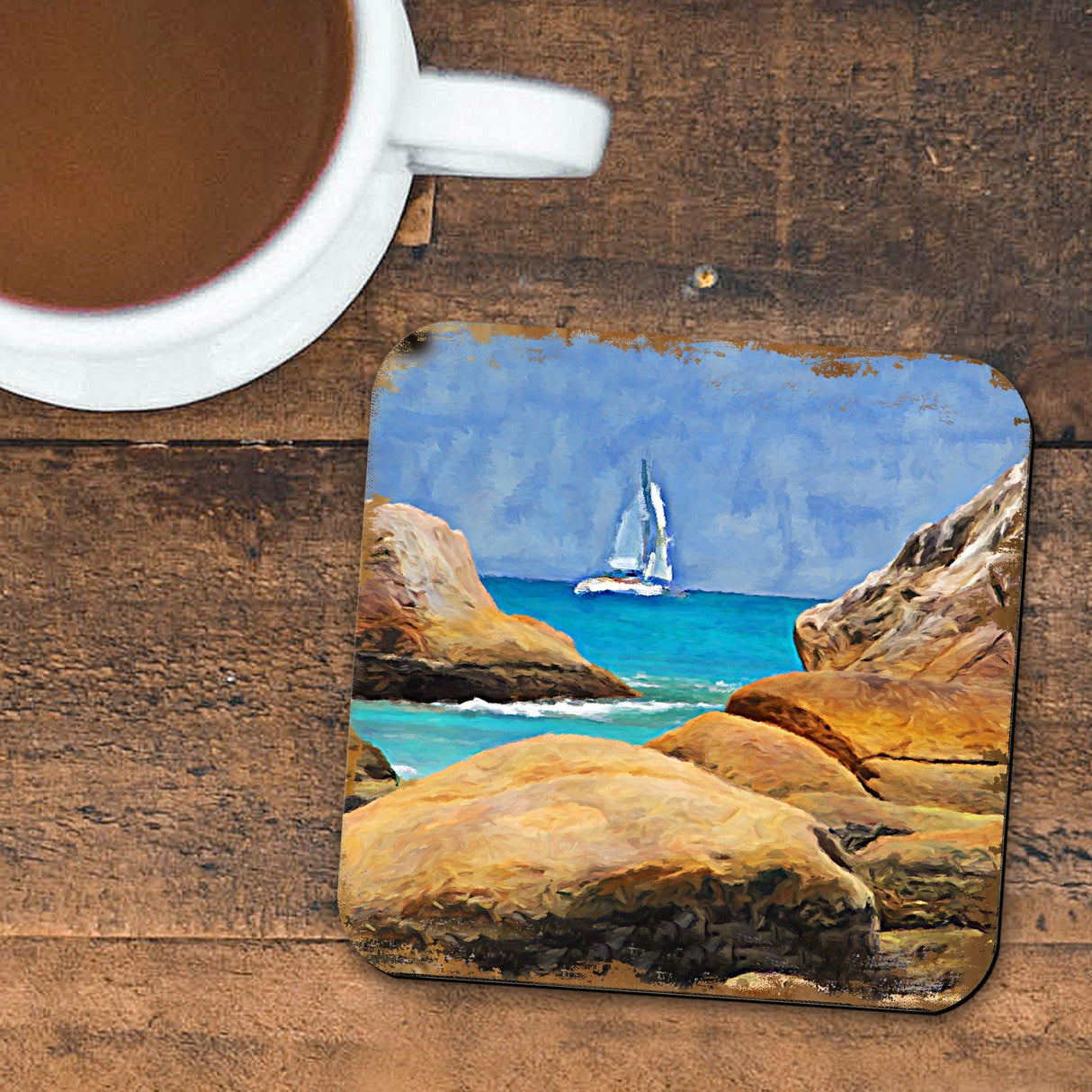 Sailboat Coastal Wooden Cork Coasters Gift Set of 4 by Nature Wonders - 95274C-S4