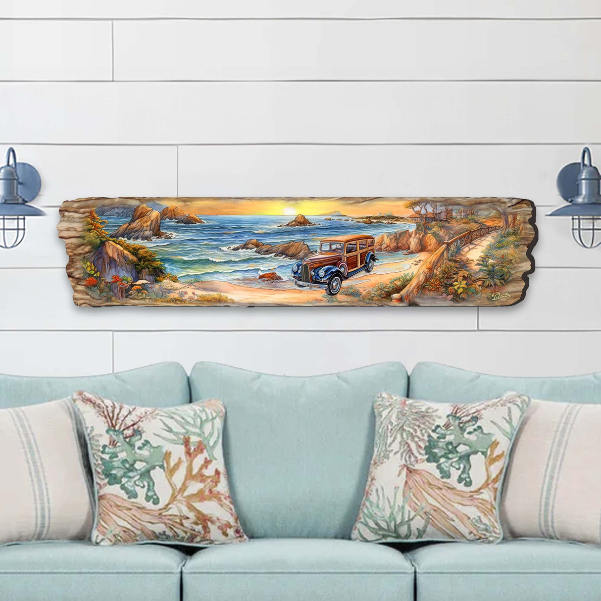 Arte mural de madera con coche retro en la playa de G. DeBrekht Coastal Decor - 8491114W