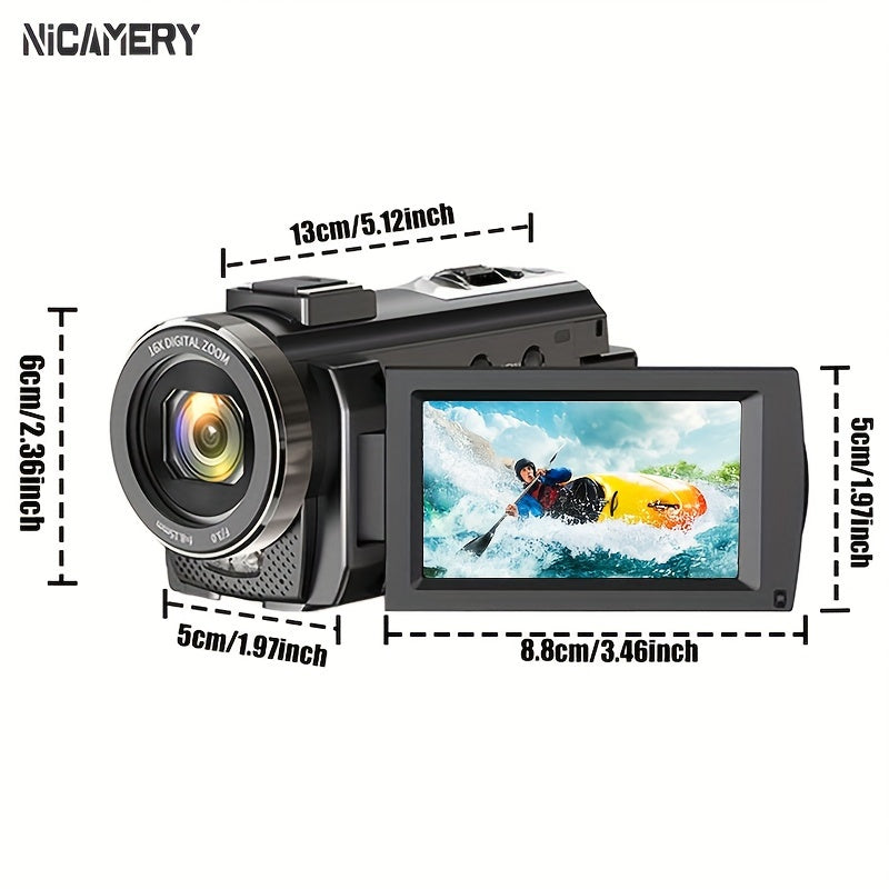 Cámara de video digital Nicamery de 3.0 pulgadas con pantalla táctil capacitiva giratoria de 270 grados, 48 MP, zoom digital de 16x, compatible con Wi-Fi, HD, estabilización de seis ejes, control remoto y dos baterías de 2000 mAh.