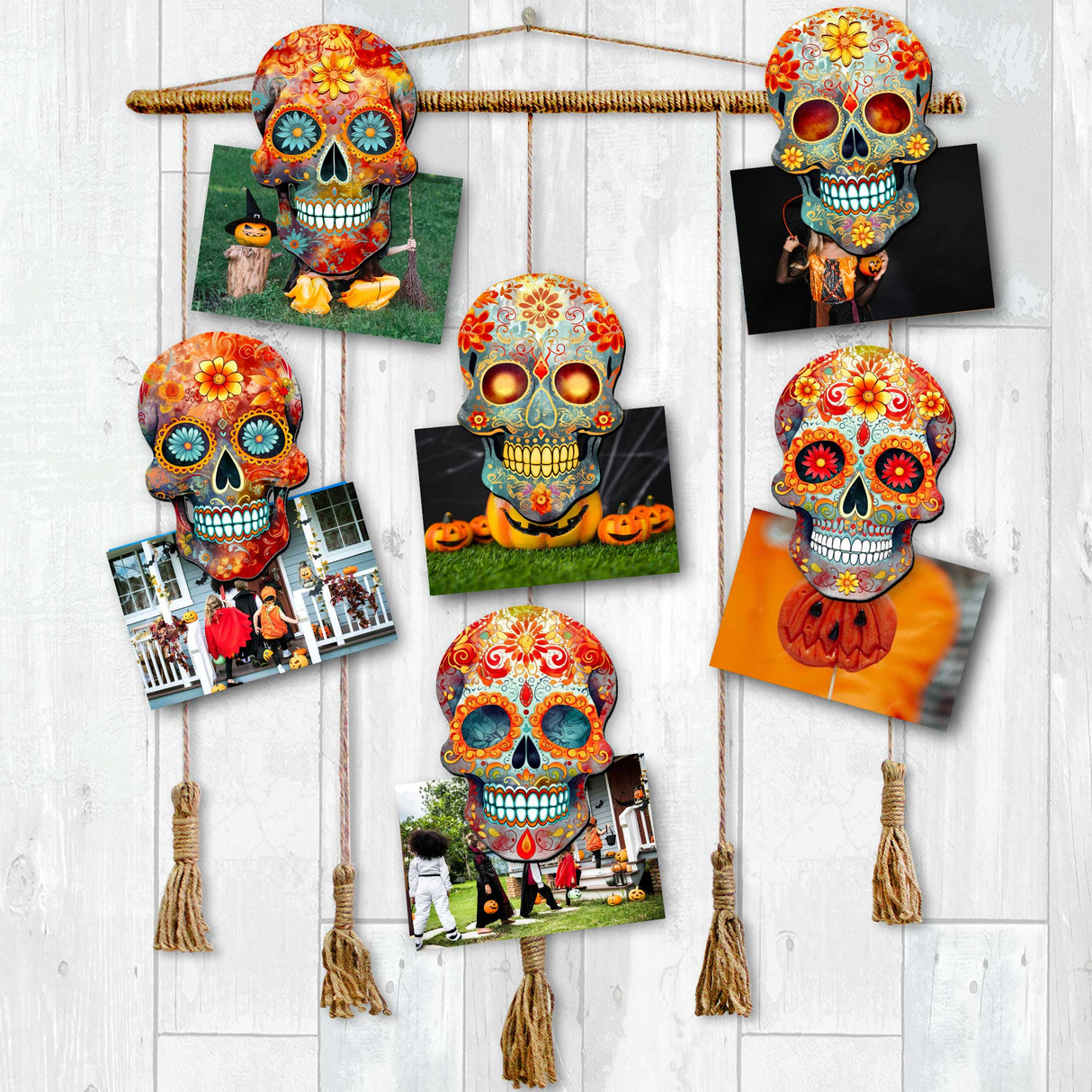 Adornos decorativos de madera con forma de calavera de azúcar (6 unidades) de G. Debrekht - Decoración de Halloween - 8090071C-S6