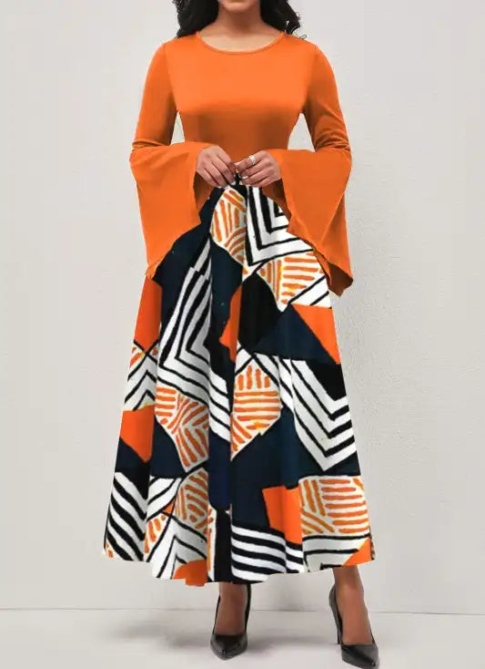 Ladies' Round Neck Printed Irregular Cuff Design Fashionable Dress - Lootquake