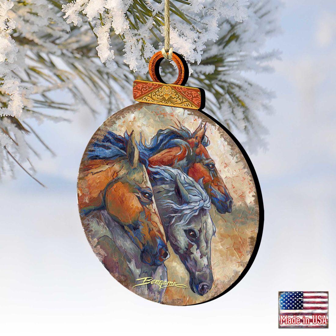 Let Them Run Horse Heads Wooden Ornaments by J. Bergsma - Wildlife Holiday Decor - 8591259-JB