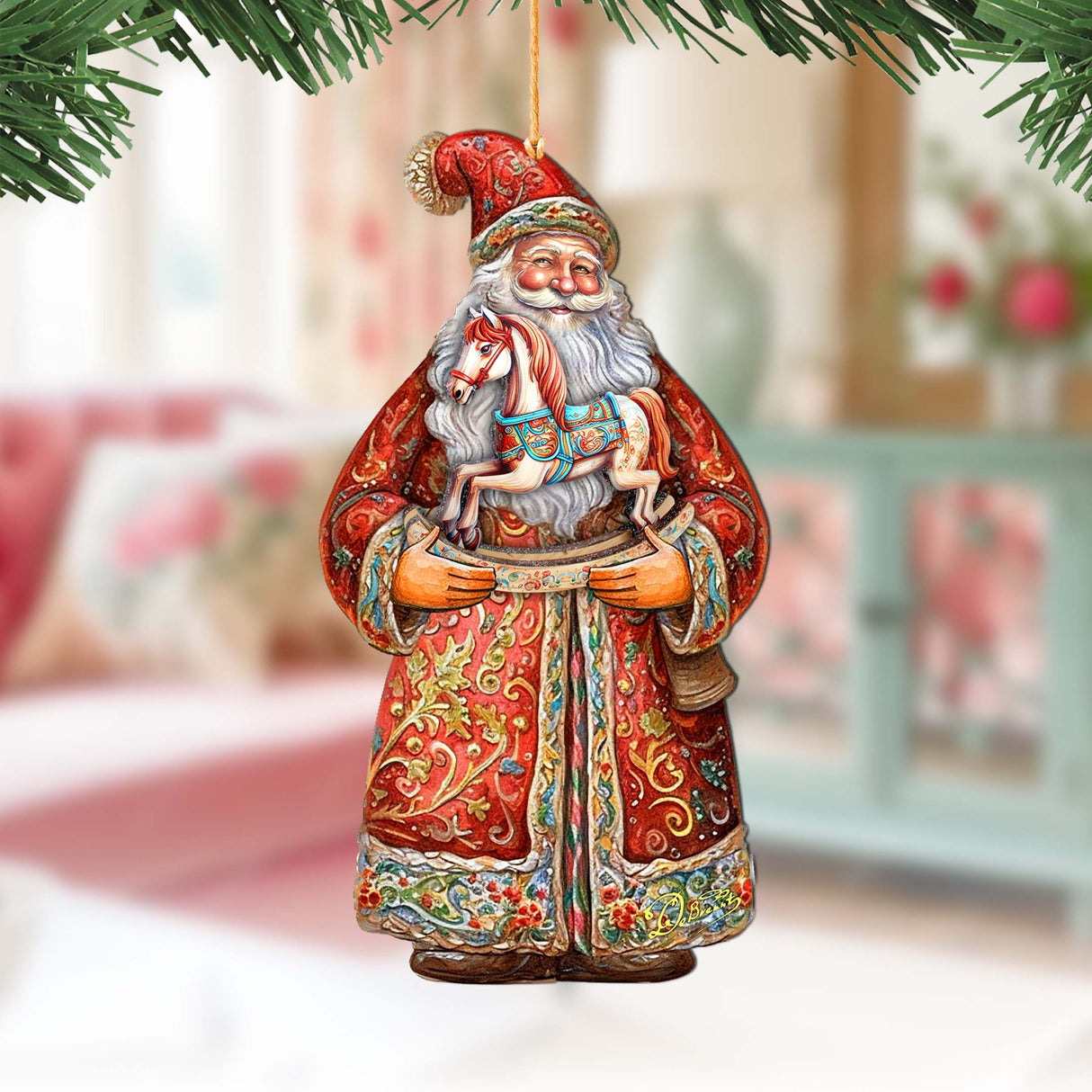 Adornos de madera con el nostálgico caballo mecedor de Papá Noel de G. Debrekht - Decoración navideña con muñeco de nieve de Papá Noel - 8691414