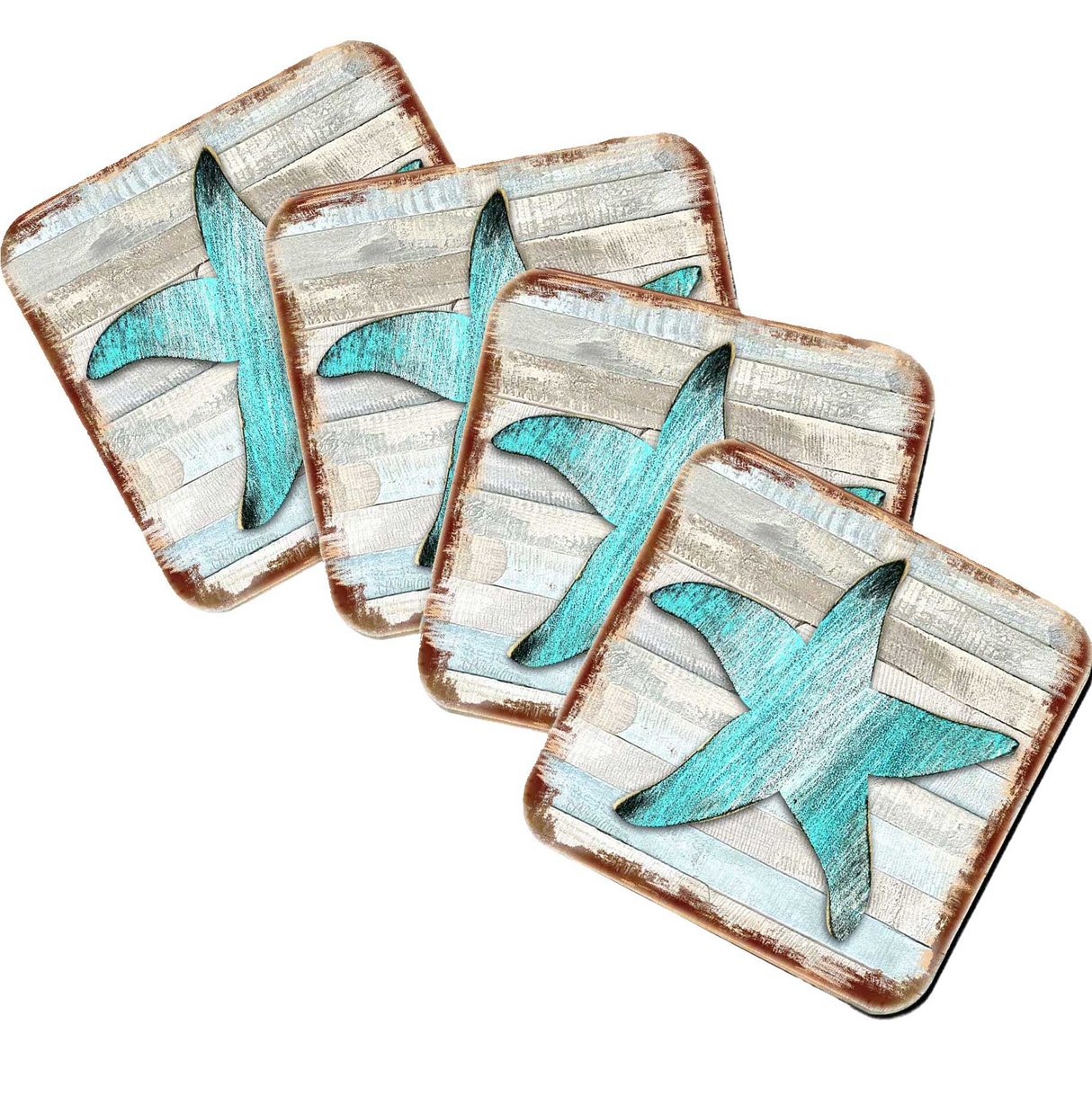 Starfish Wooden Cork Coasters Gift Set of 4 by Nature Wonders - Coastal Sea-Life Decor - 8198531-9C-S4