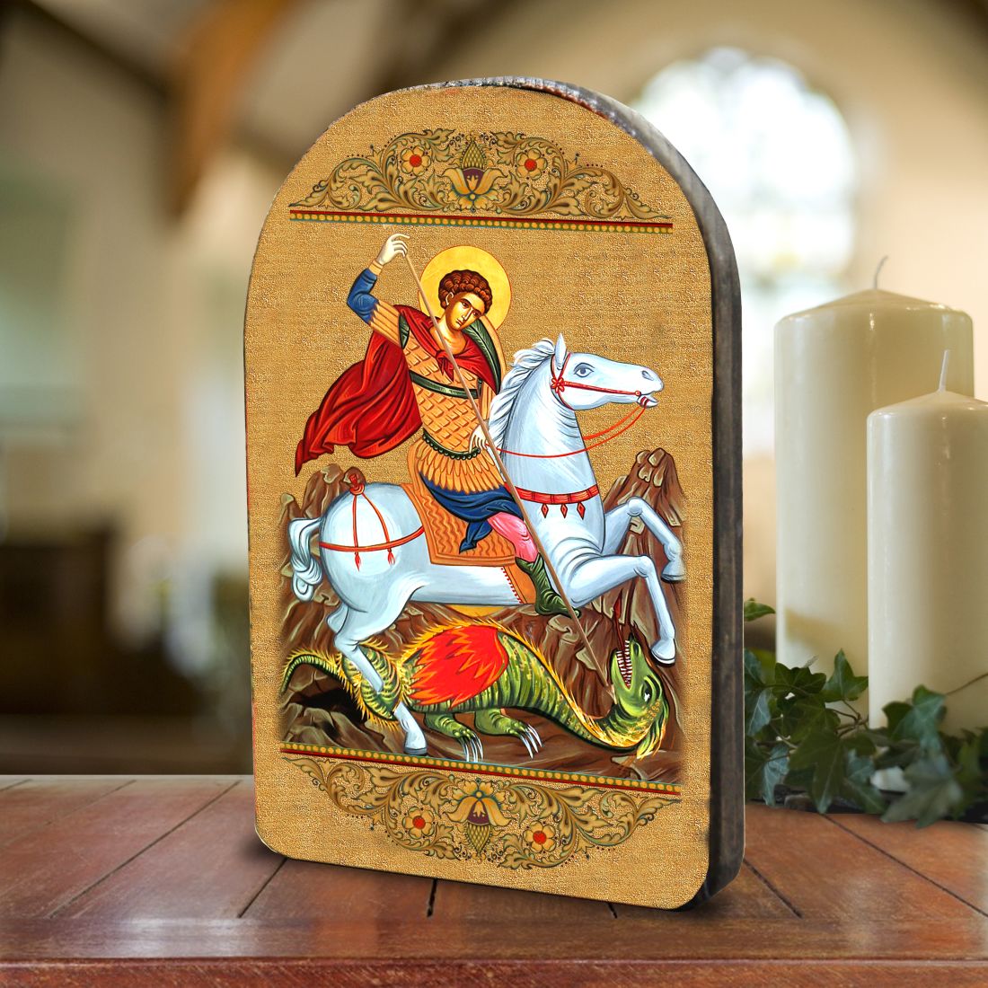 Icono sagrado ortodoxo religioso de madera de San Jorge, bañado en oro - Decoración inspiradora - 86013