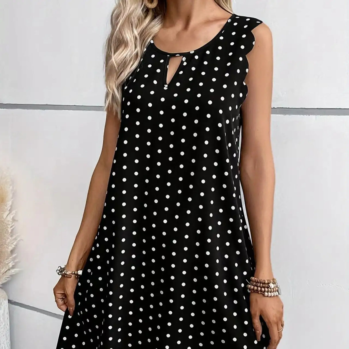 Ladies' Fashionable Casual Pullover Polka Dot Dress With Hollowed Out Collar And Round Neck Wavy Edge Skirt - Lootquake