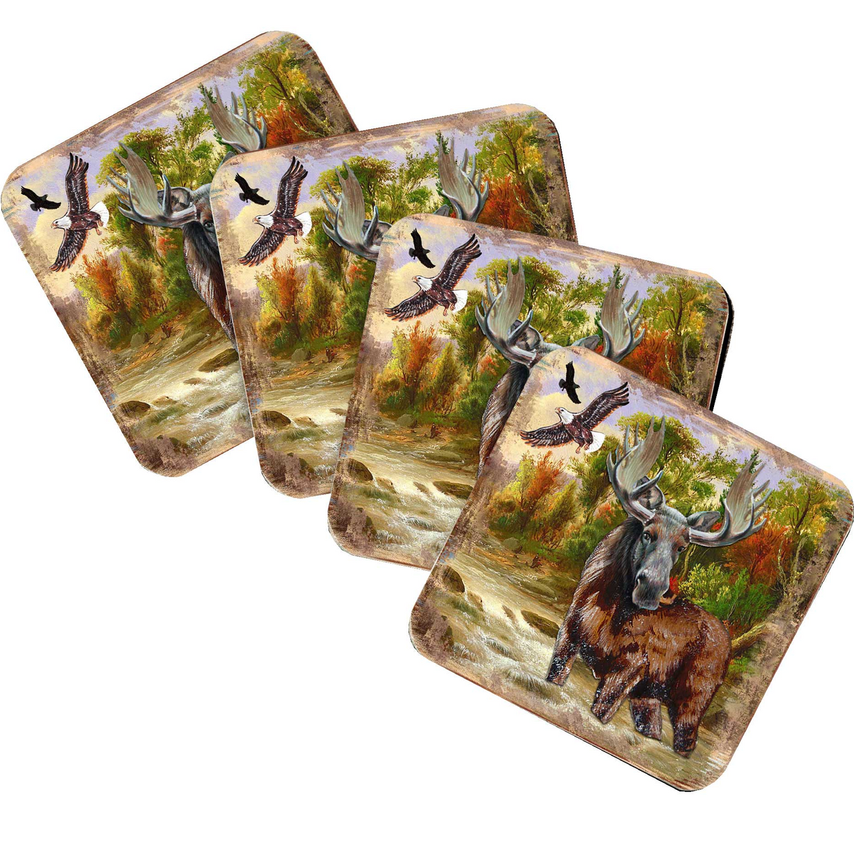 Moose Wooden Cork Coasters Gift Set of 4 by Nature Wonders - Nature Wildlife Decor - 95216-2C-S4