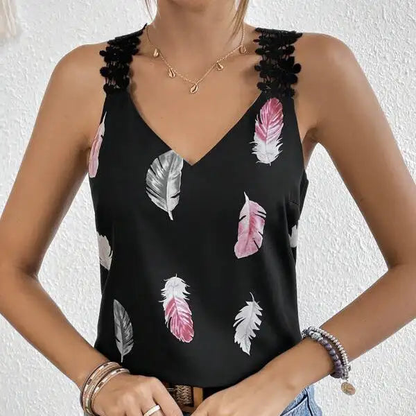 Women's Printed Feather Pattern Design V-neck Fashionable Slimming Camisole Vest - Lootquake