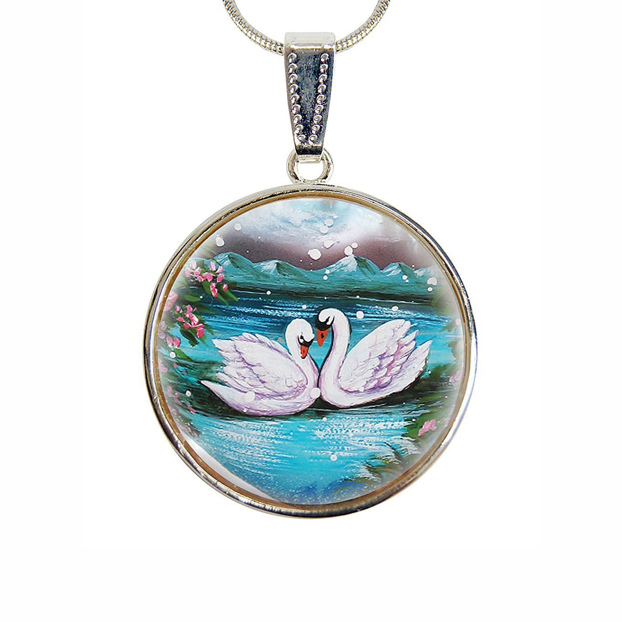Swans in Love Silver Plated Mother of Pearl Jewelry Pendant Necklace - 44020