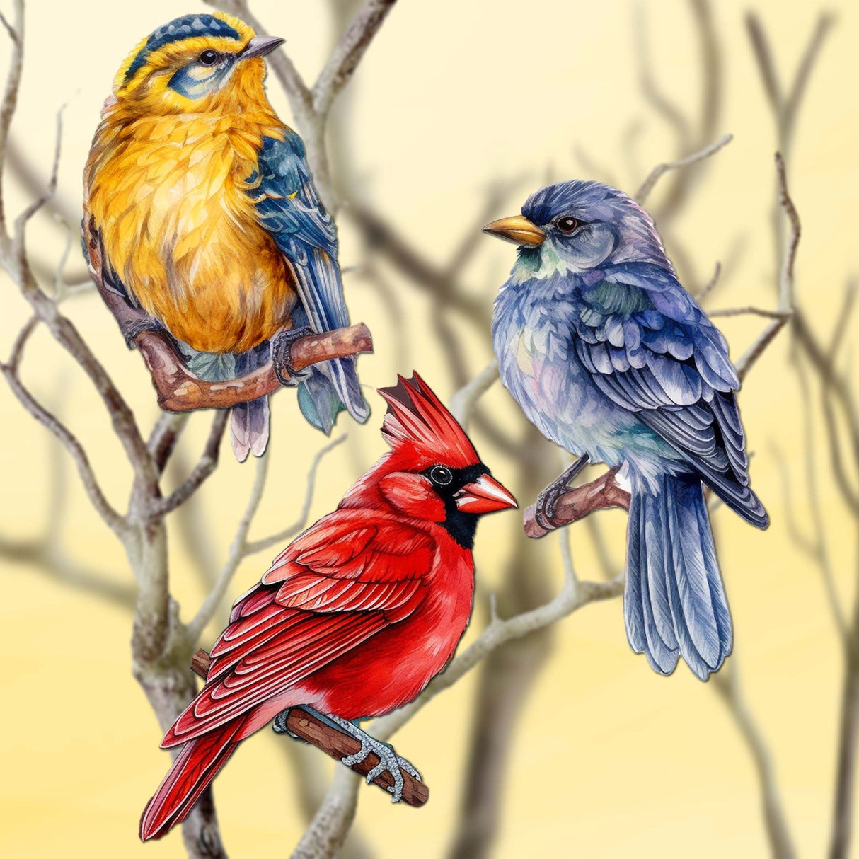 Forest Birds Decorative Wooden Ornaments Set of 3 by G. Debrekht - Nature Wildlife Decor - 8091005-S3