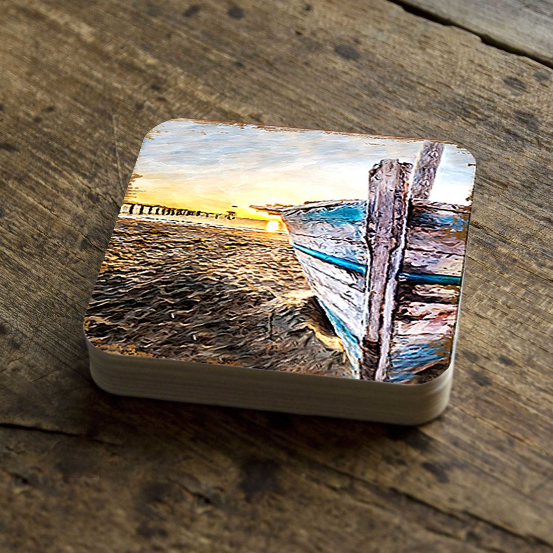 Beach Boat Coastal Wooden Cork Coasters Gift Set of 4 by Nature Wonders - Coastal Sea-Life Decor - 95271C-S4